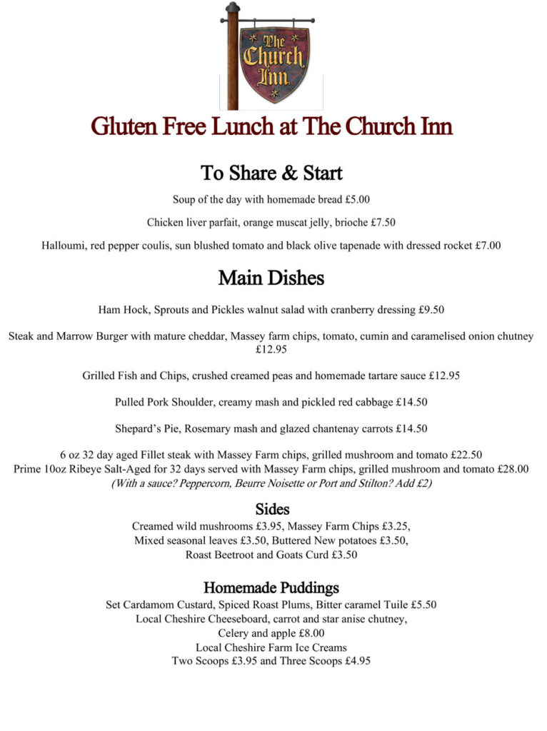 Gluten Free Lunch Menu | The Church Inn of mobberley
