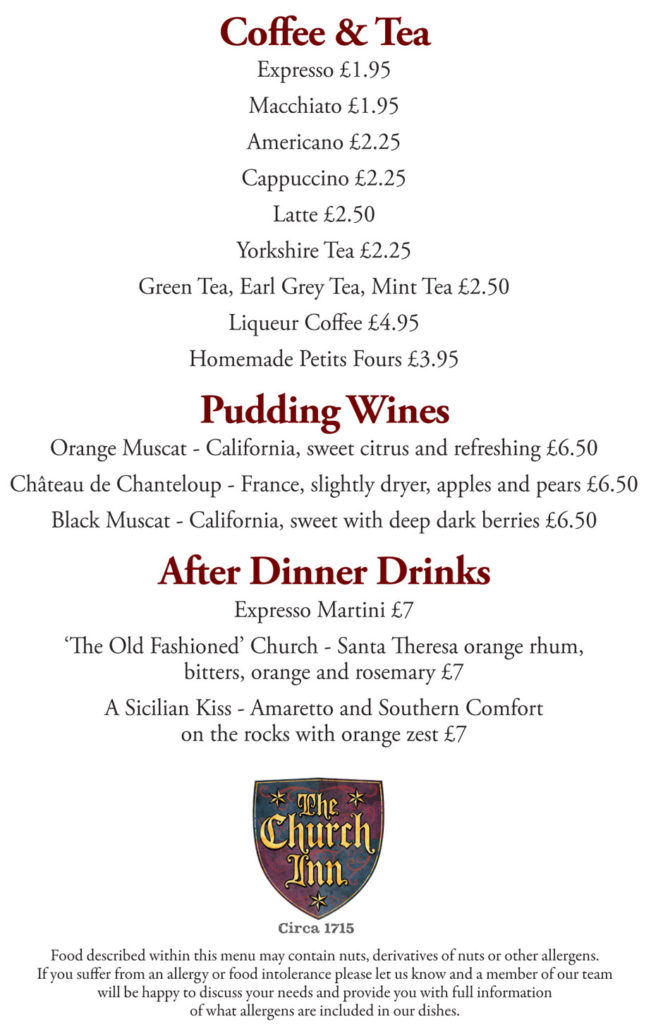 Pudding Menu The Church Inn of mobberley
